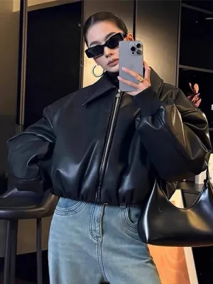 Bonnyshow Fashion Retro Leather Women's Coat Casual Loose Turndown Collar Zipper Short Jacket Winter New Vintage Windproof Women Coats