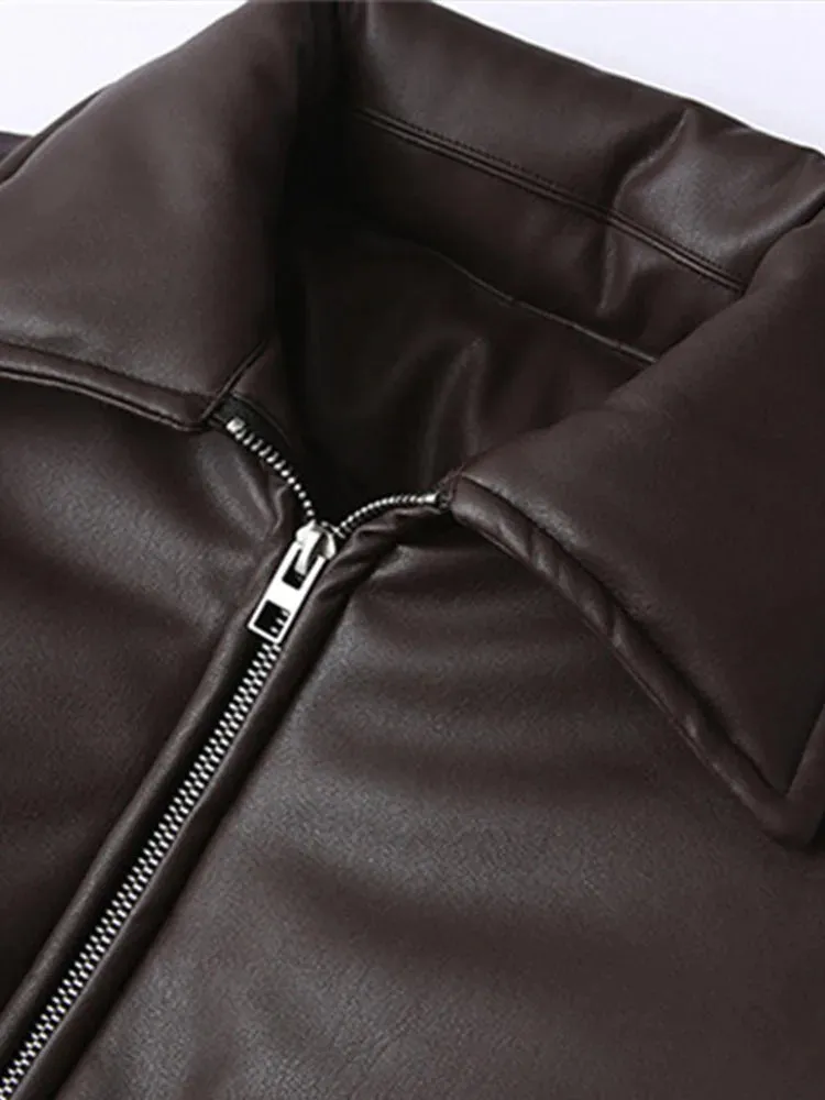 Bonnyshow Fashion Retro Leather Women's Coat Casual Loose Turndown Collar Zipper Short Jacket Winter New Vintage Windproof Women Coats