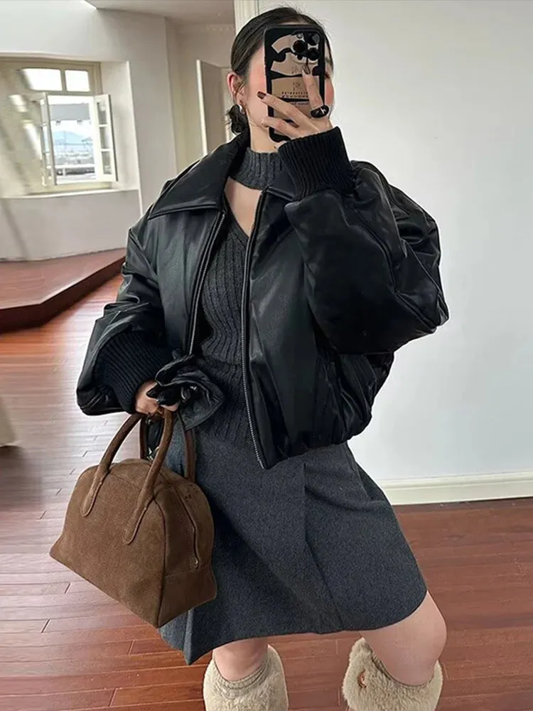 Bonnyshow Fashion Retro Leather Women's Coat Casual Loose Turndown Collar Zipper Short Jacket Winter New Vintage Windproof Women Coats
