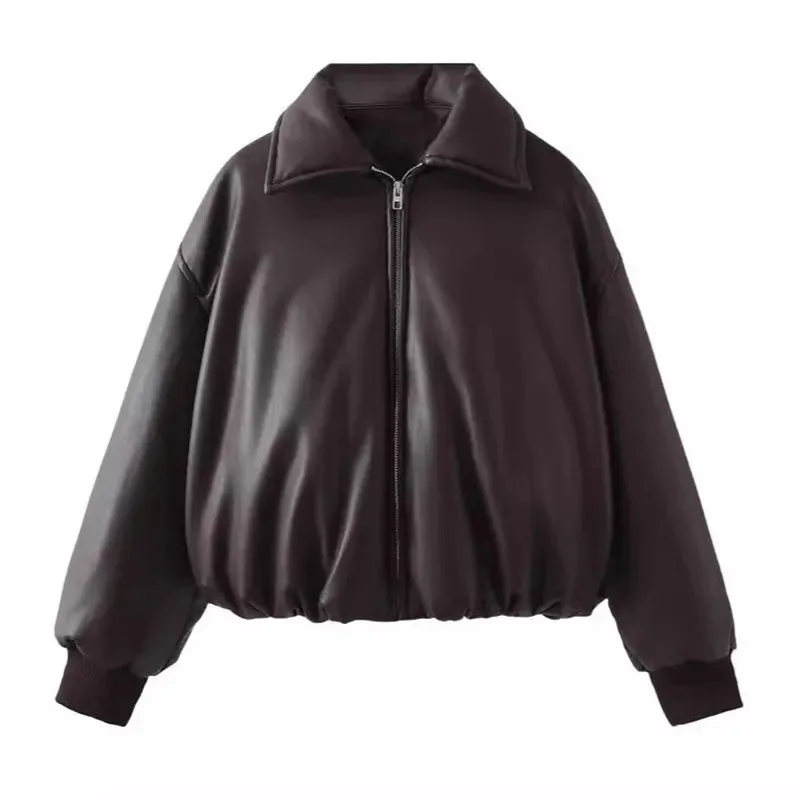 Bonnyshow Fashion Retro Leather Women's Coat Casual Loose Turndown Collar Zipper Short Jacket Winter New Vintage Windproof Women Coats