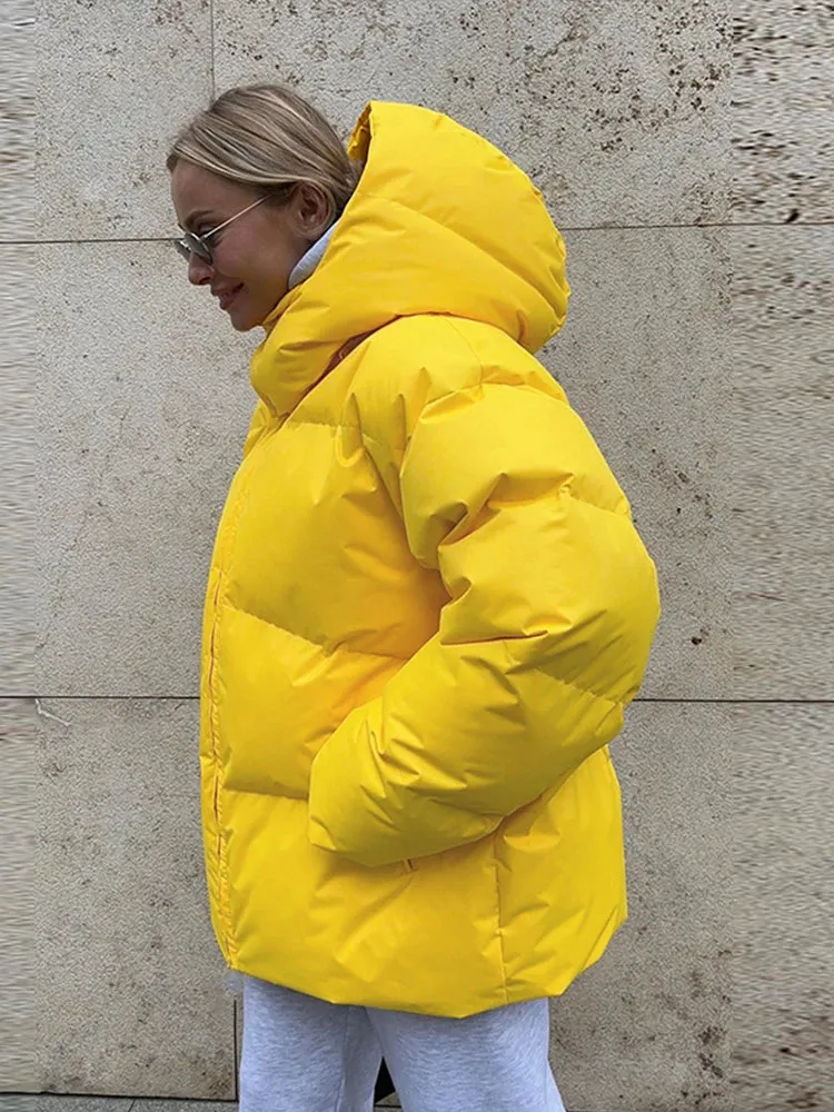 Bonnyshow Winter Thicken Warm Windproof Women's Coat Simple Casual Loose Solid Color Cotton-padded Coats New Fashion Women Outerwears