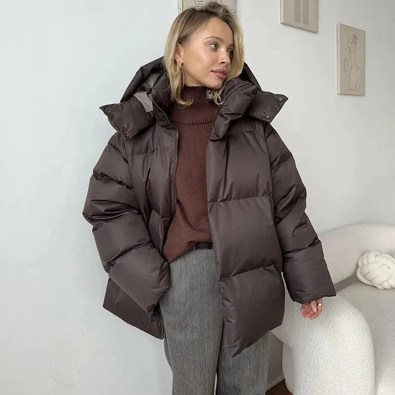 Bonnyshow Winter Thicken Warm Windproof Women's Coat Simple Casual Loose Solid Color Cotton-padded Coats New Fashion Women Outerwears