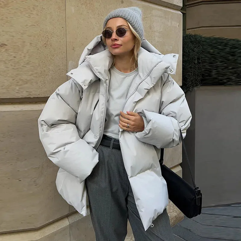 Bonnyshow Winter Thicken Warm Windproof Women's Coat Simple Casual Loose Solid Color Cotton-padded Coats New Fashion Women Outerwears