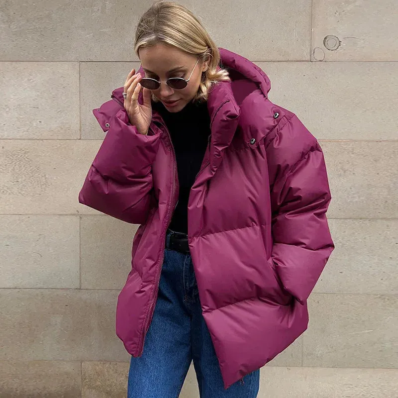 Bonnyshow Winter Thicken Warm Windproof Women's Coat Simple Casual Loose Solid Color Cotton-padded Coats New Fashion Women Outerwears
