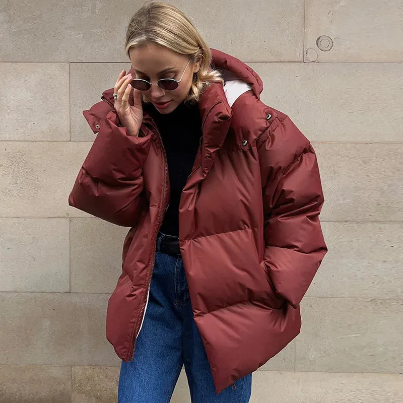Bonnyshow Winter Thicken Warm Windproof Women's Coat Simple Casual Loose Solid Color Cotton-padded Coats New Fashion Women Outerwears
