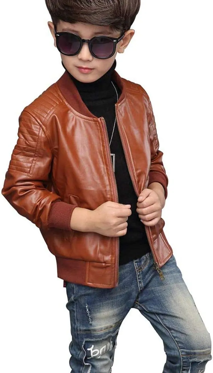Boys' Faux Leather Motorcycle Jacket Children Zipper Leather Coats