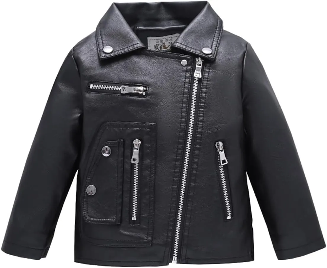 Boys Girls Trendy Stand Collar PU Leather Moto Jacket Leather Top Coat 3-12Years