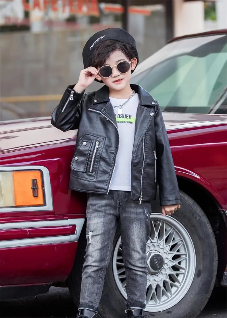 Boys Girls Trendy Stand Collar PU Leather Moto Jacket Leather Top Coat 3-12Years