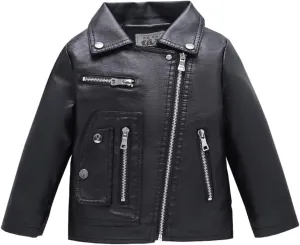 Boys Girls Trendy Stand Collar PU Leather Moto Jacket Leather Top Coat 3-12Years