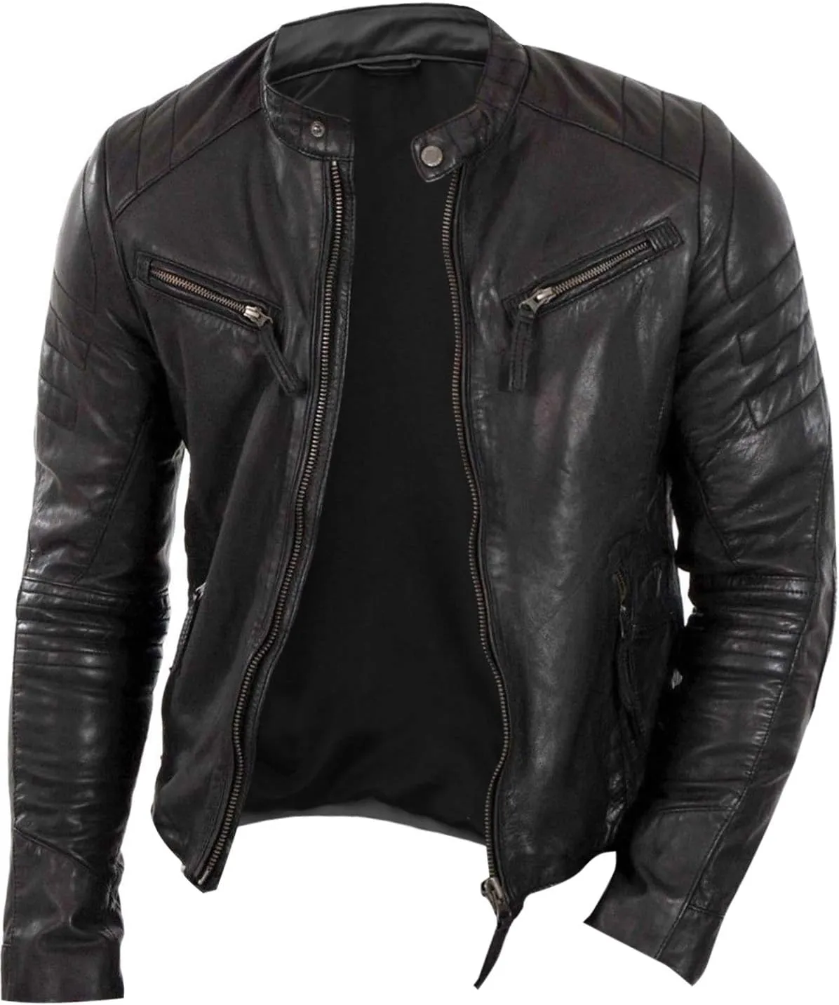 Brown Biker Leather Jacket Men - Real Lambskin Leather Cafe Racer Distressed Motorcycle Jacket