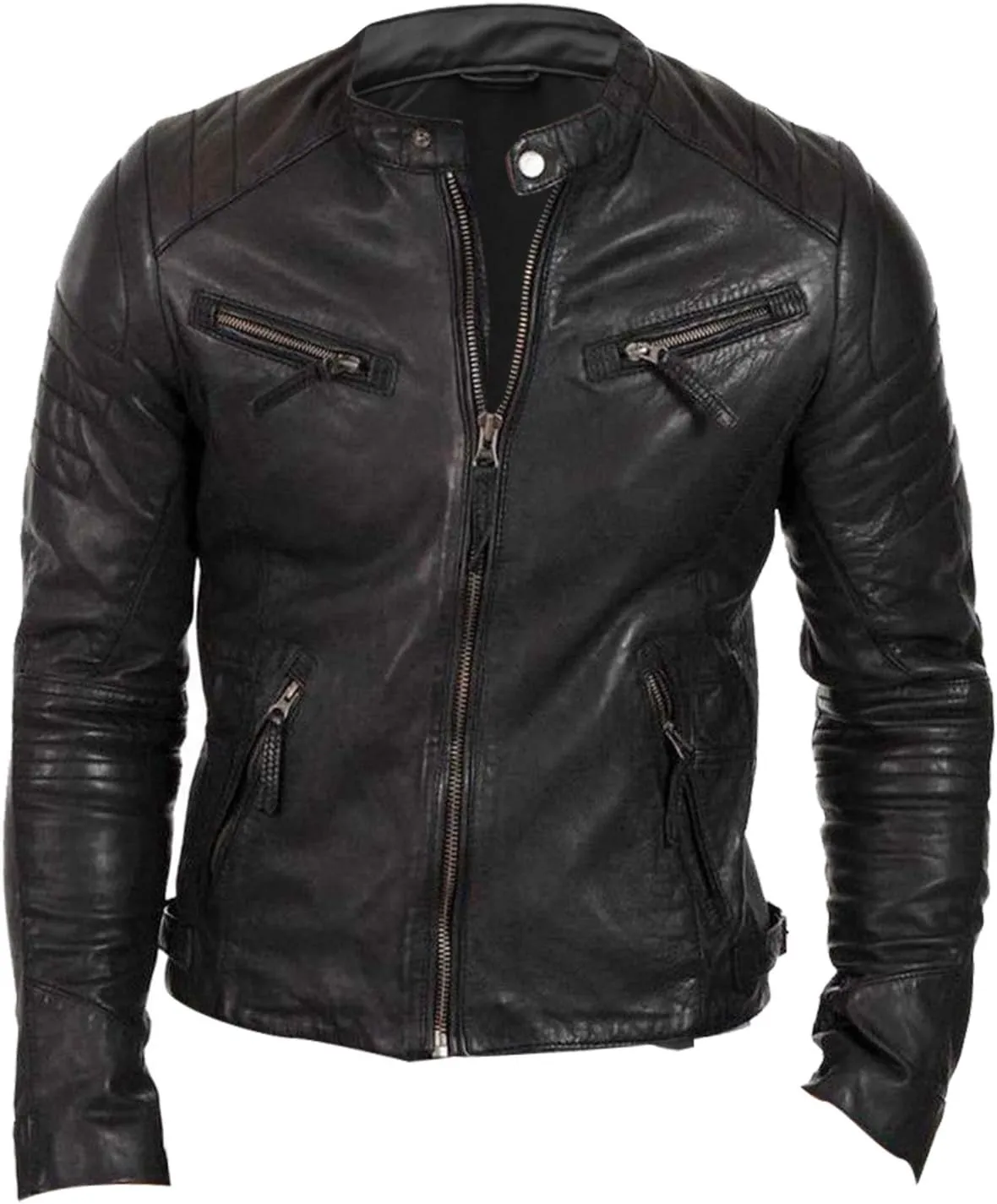 Brown Biker Leather Jacket Men - Real Lambskin Leather Cafe Racer Distressed Motorcycle Jacket