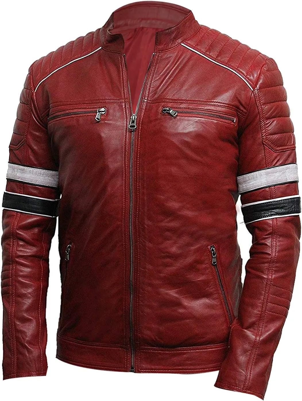 Brown Biker Leather Jacket Men - Real Lambskin Leather Cafe Racer Distressed Motorcycle Jacket