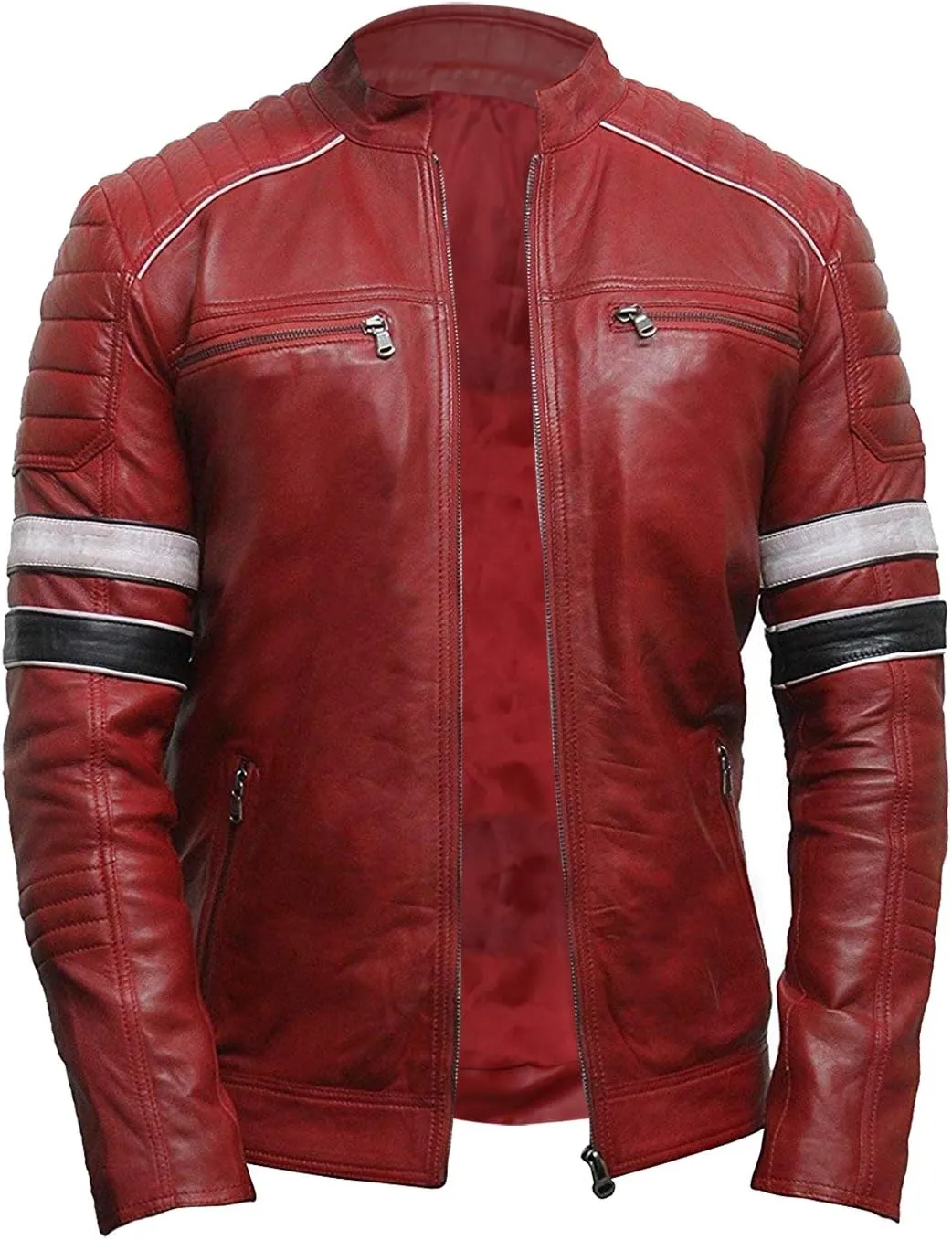 Brown Biker Leather Jacket Men - Real Lambskin Leather Cafe Racer Distressed Motorcycle Jacket