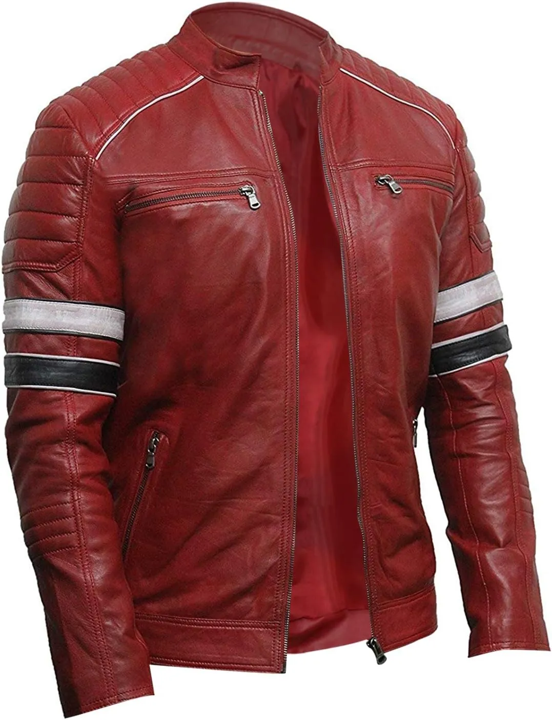 Brown Biker Leather Jacket Men - Real Lambskin Leather Cafe Racer Distressed Motorcycle Jacket