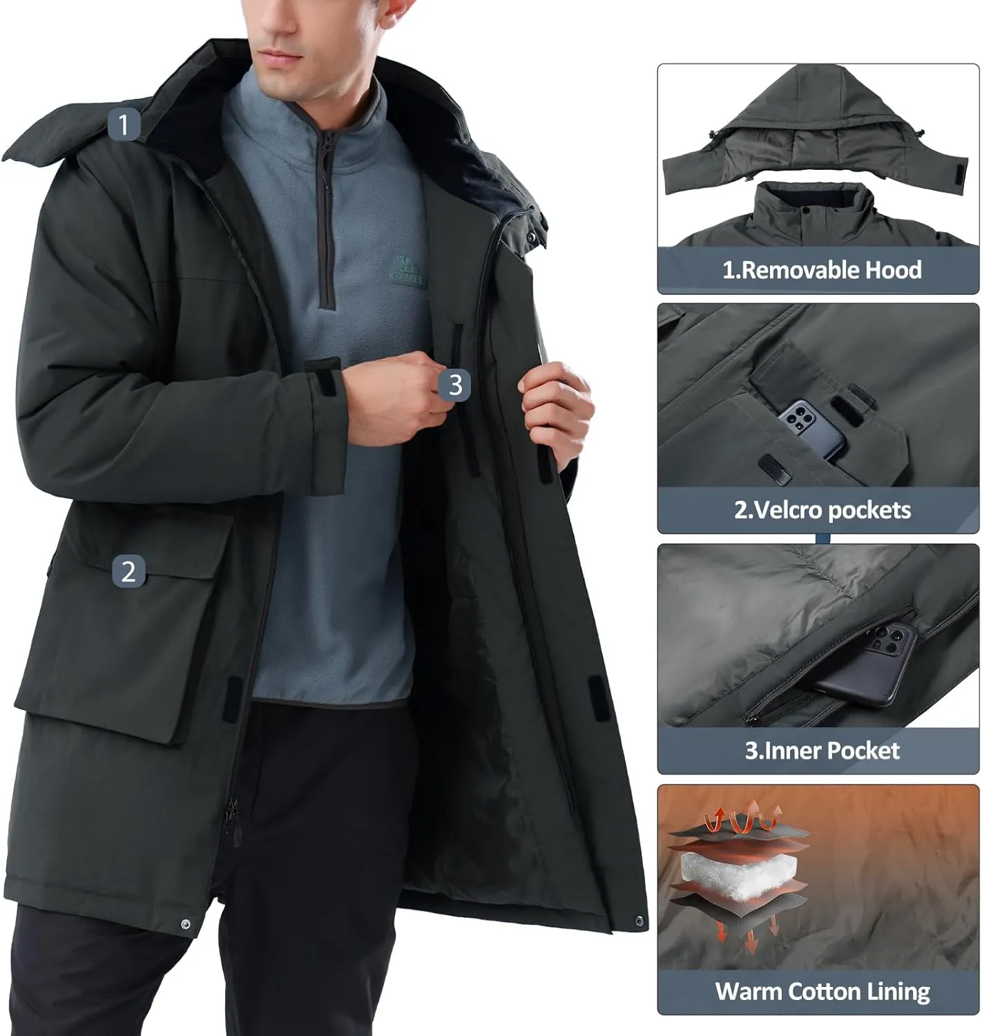 CAMELSPORTS Mens Winter Coats Long Warm Jacket with Hood Casual Quilted Puffer Parka Windproof Jackets