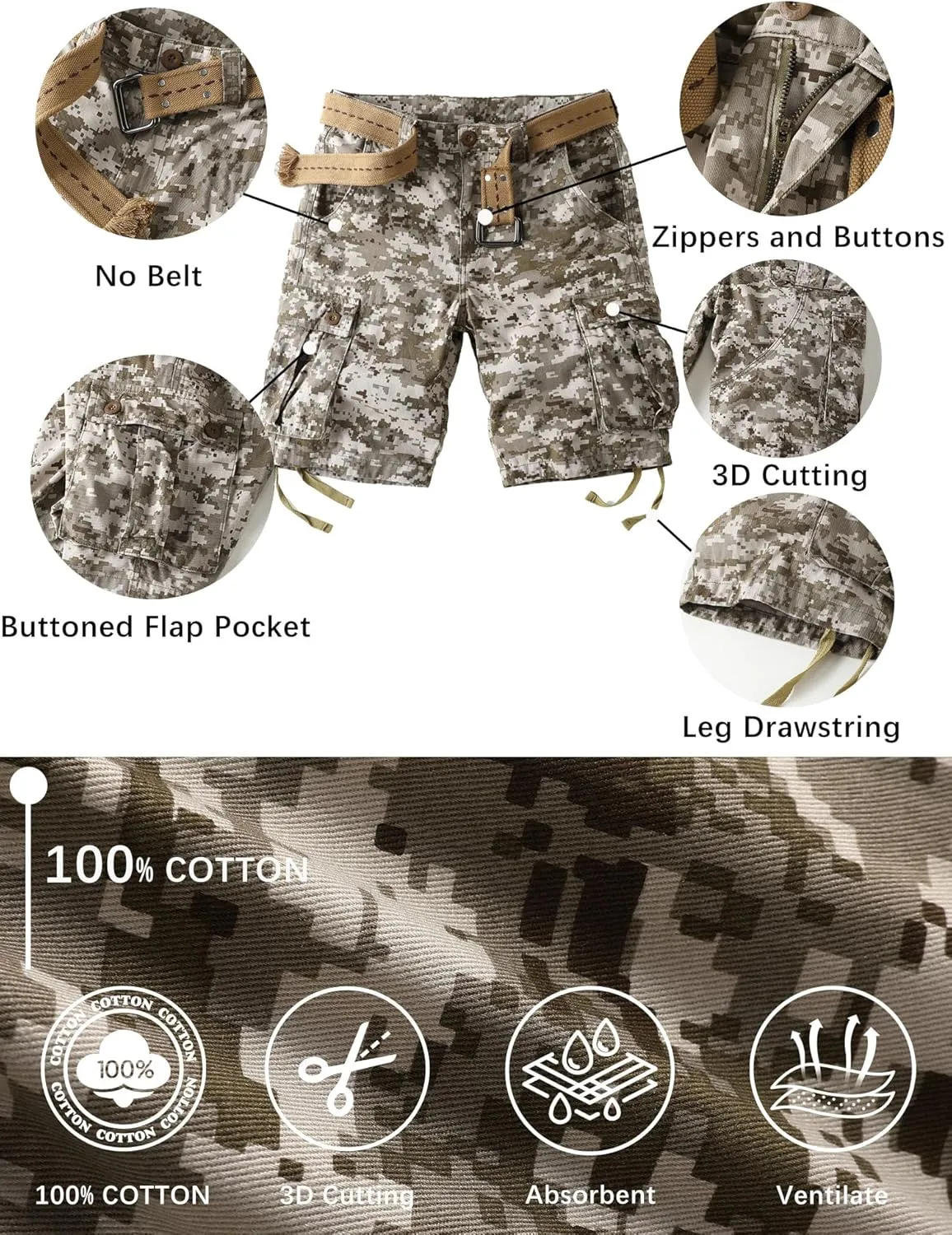 Camo Cargo Shorts for Men Cotton Casual Wild Outdoor Work Relaxed Fit Shorts with Multi-Pockets