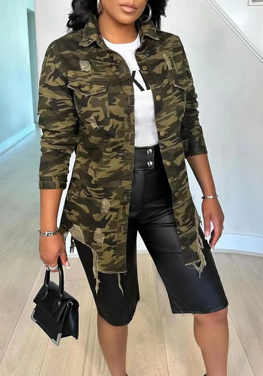 Camouflage Jacket for Women Long Sleeve Button Down Jeans Jackets Coat Outwear with Pocket