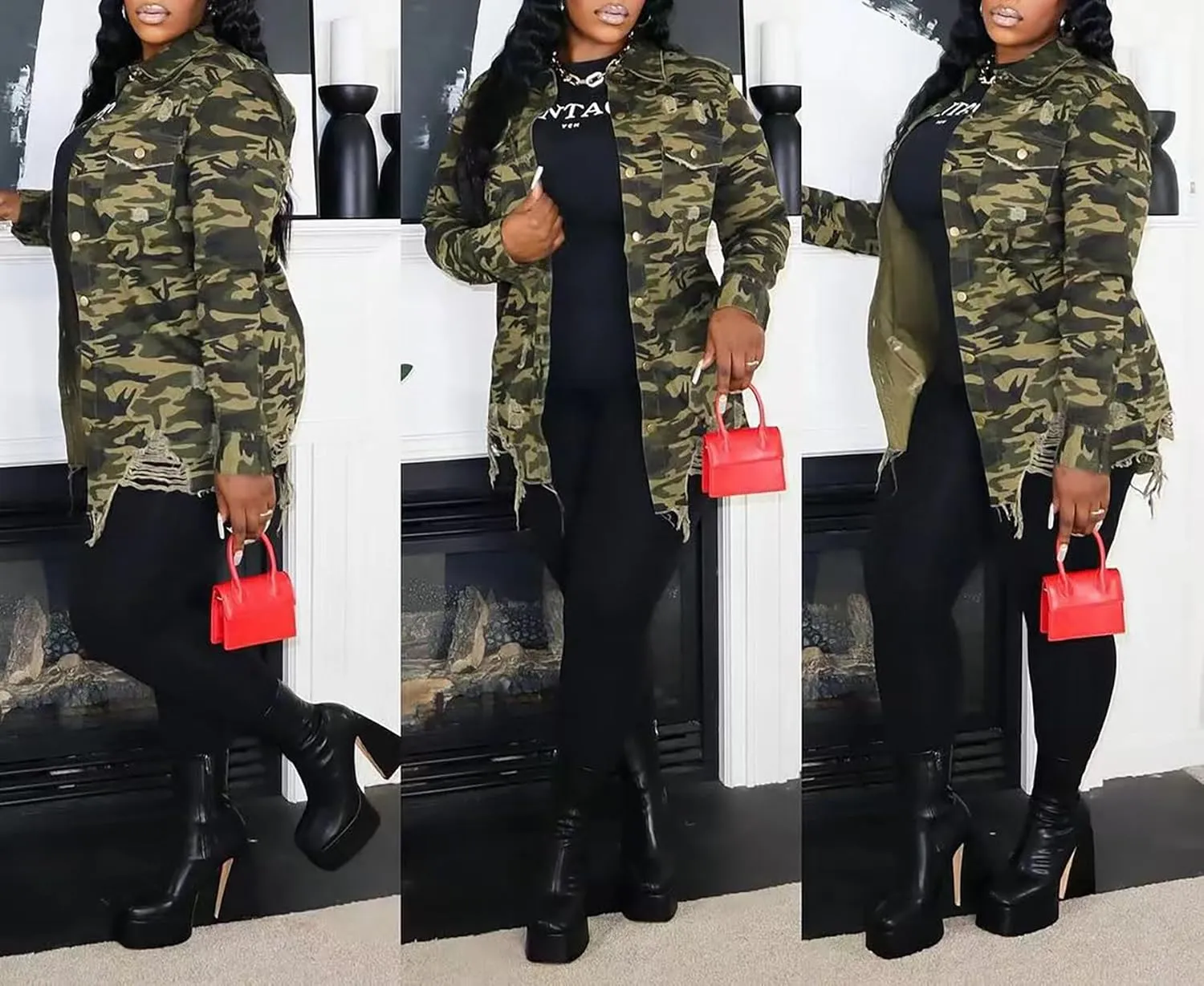 Camouflage Jacket for Women Long Sleeve Button Down Jeans Jackets Coat Outwear with Pocket