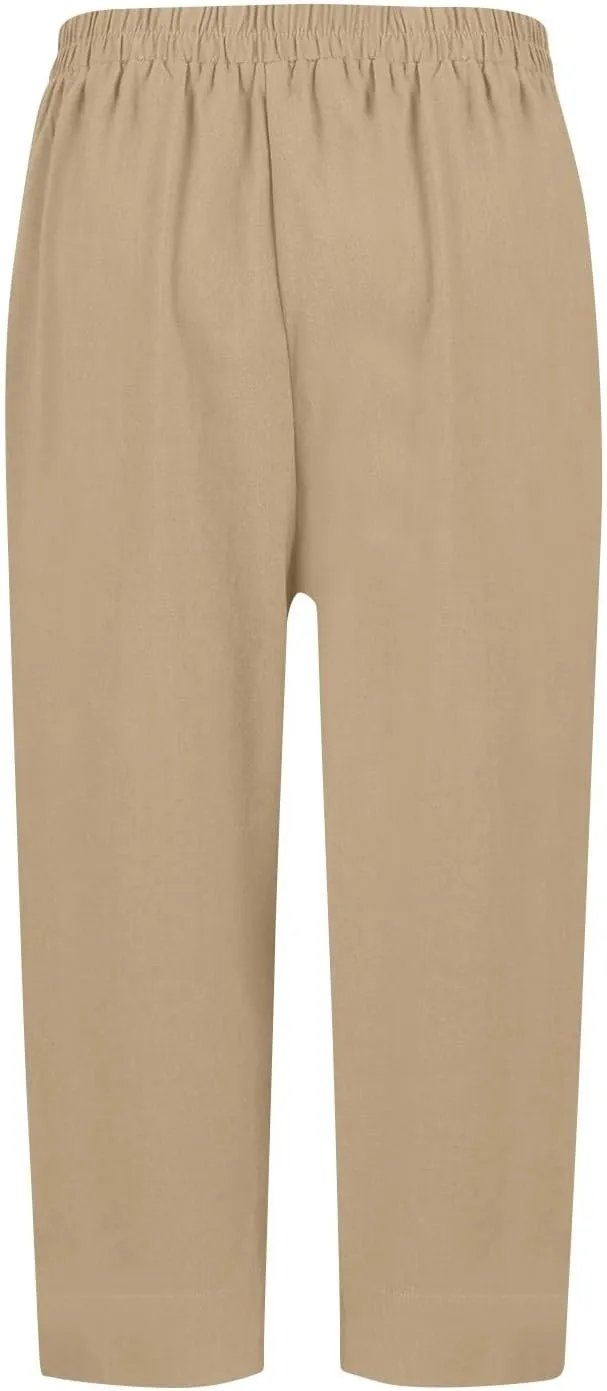 Capris Pants for Women Casual Summer 2025 Cotton Linen Straight Leg Drawstring Beach Cropped Trouser with Pockets
