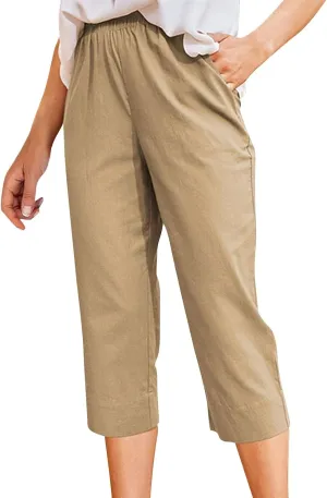 Capris Pants for Women Casual Summer 2025 Cotton Linen Straight Leg Drawstring Beach Cropped Trouser with Pockets