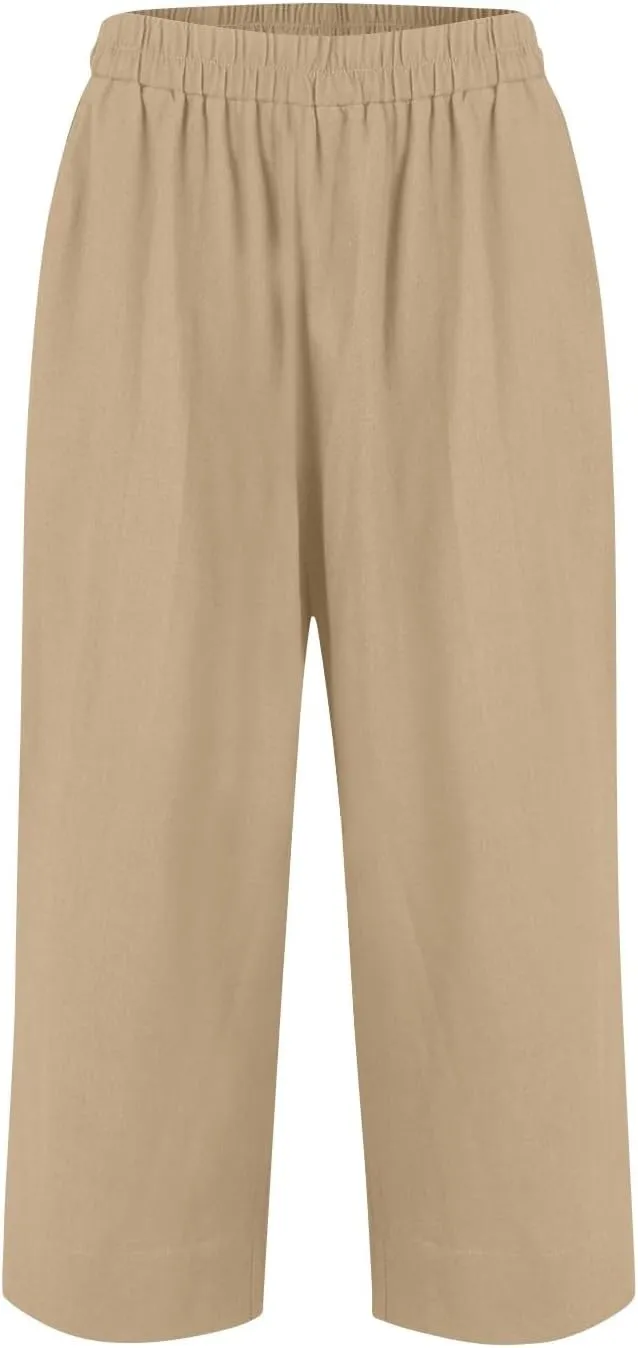 Capris Pants for Women Casual Summer 2025 Cotton Linen Straight Leg Drawstring Beach Cropped Trouser with Pockets