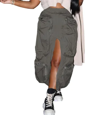 Cargo Skirts for Women Casual Loose Maxi Skirts Button High Waist Front Split Loose Casual Y2K Long Skirt with Pockets