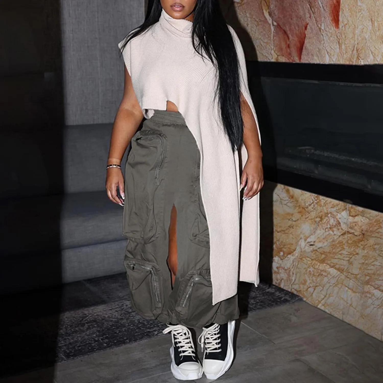 Cargo Skirts for Women Casual Loose Maxi Skirts Button High Waist Front Split Loose Casual Y2K Long Skirt with Pockets