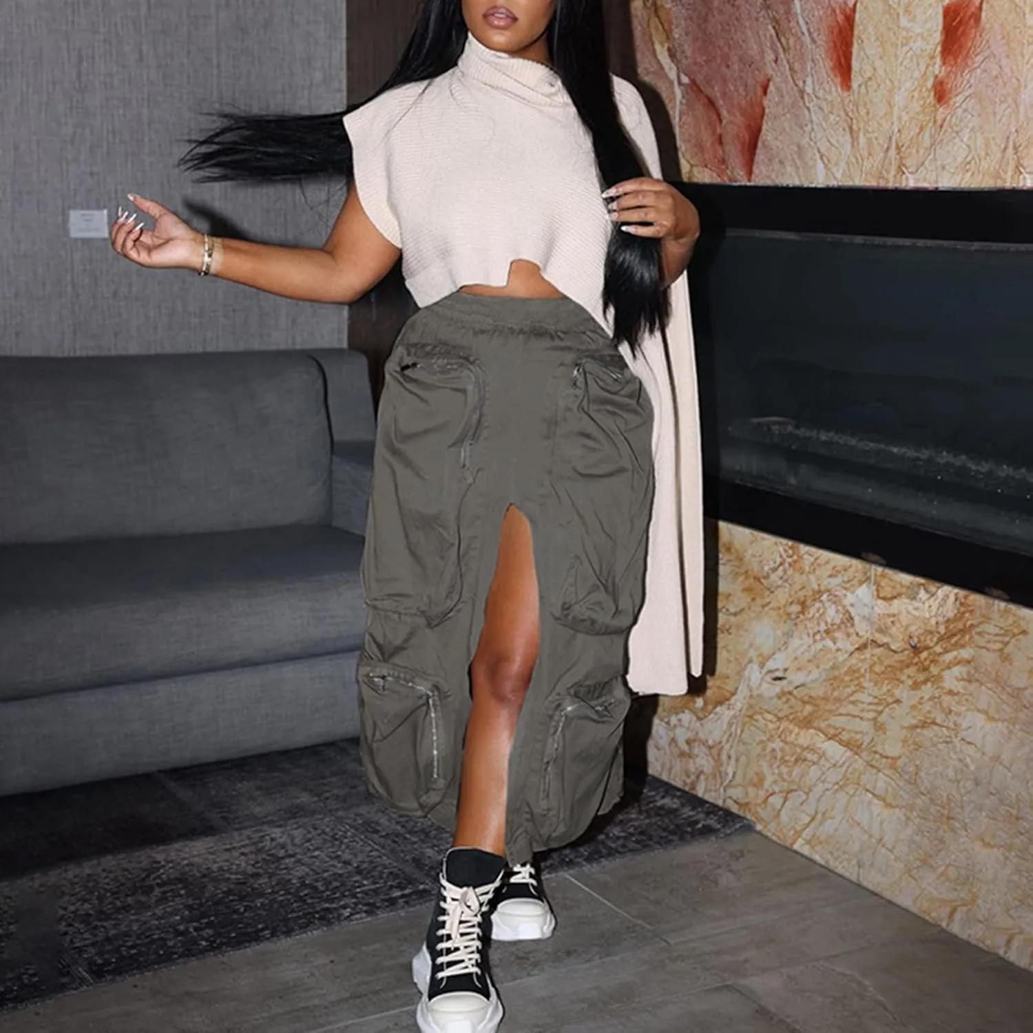 Cargo Skirts for Women Casual Loose Maxi Skirts Button High Waist Front Split Loose Casual Y2K Long Skirt with Pockets