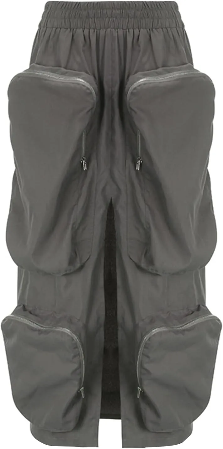 Cargo Skirts for Women Casual Loose Maxi Skirts Button High Waist Front Split Loose Casual Y2K Long Skirt with Pockets