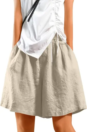 Casual Shorts for Women Dressy Drawstring High Waist Wide Leg 2025 Summer Beach Ruffle Solid Color Outfits with 2 Pockets