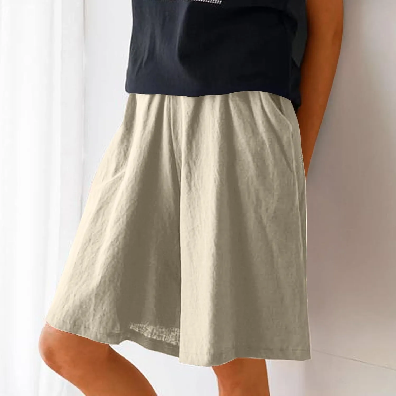 Casual Shorts for Women Dressy Drawstring High Waist Wide Leg 2025 Summer Beach Ruffle Solid Color Outfits with 2 Pockets