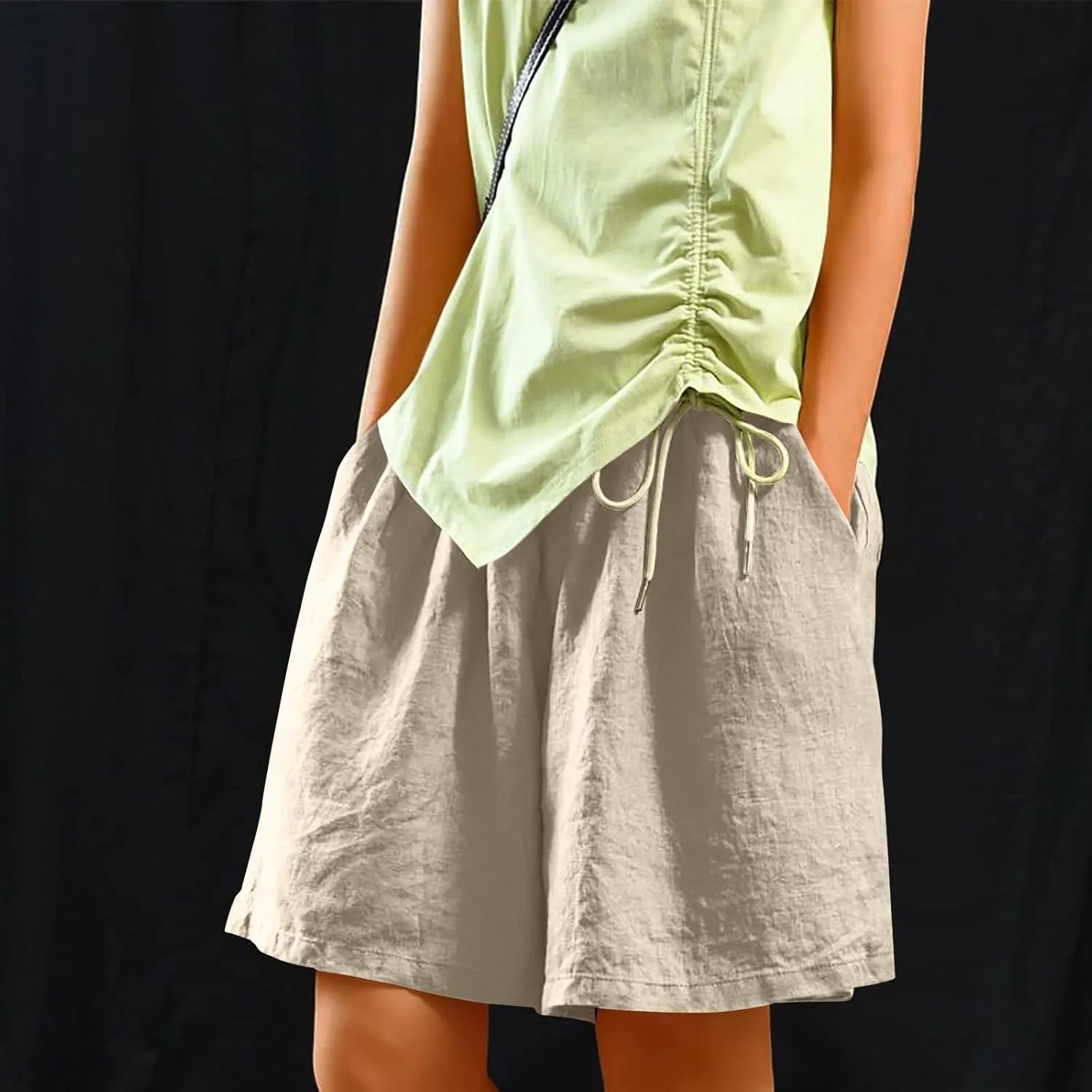 Casual Shorts for Women Dressy Drawstring High Waist Wide Leg 2025 Summer Beach Ruffle Solid Color Outfits with 2 Pockets