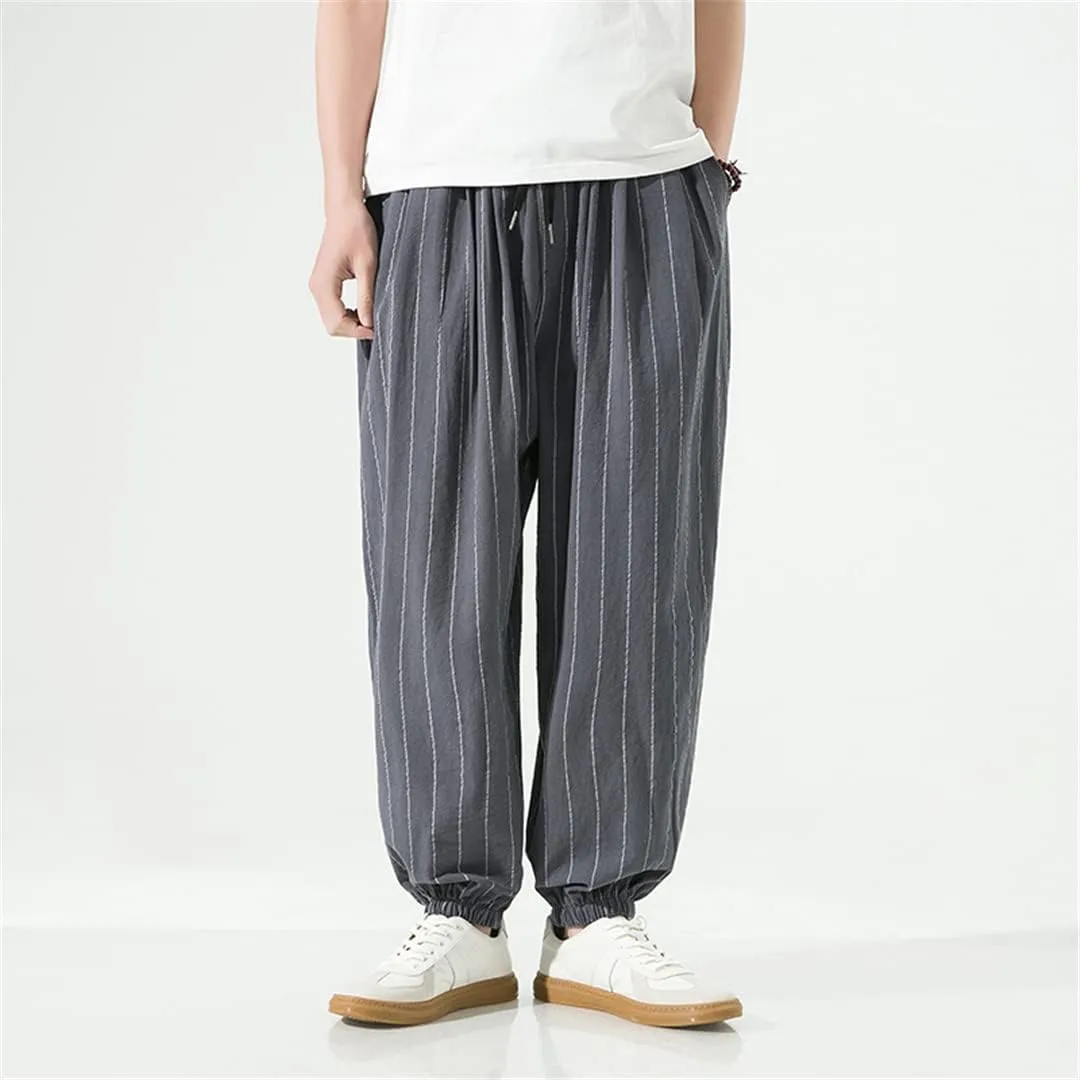 Casual Striped Harem Pants Men's Harajuku Turnip Pant Loose Cotton Linen Trousers Sweatpants