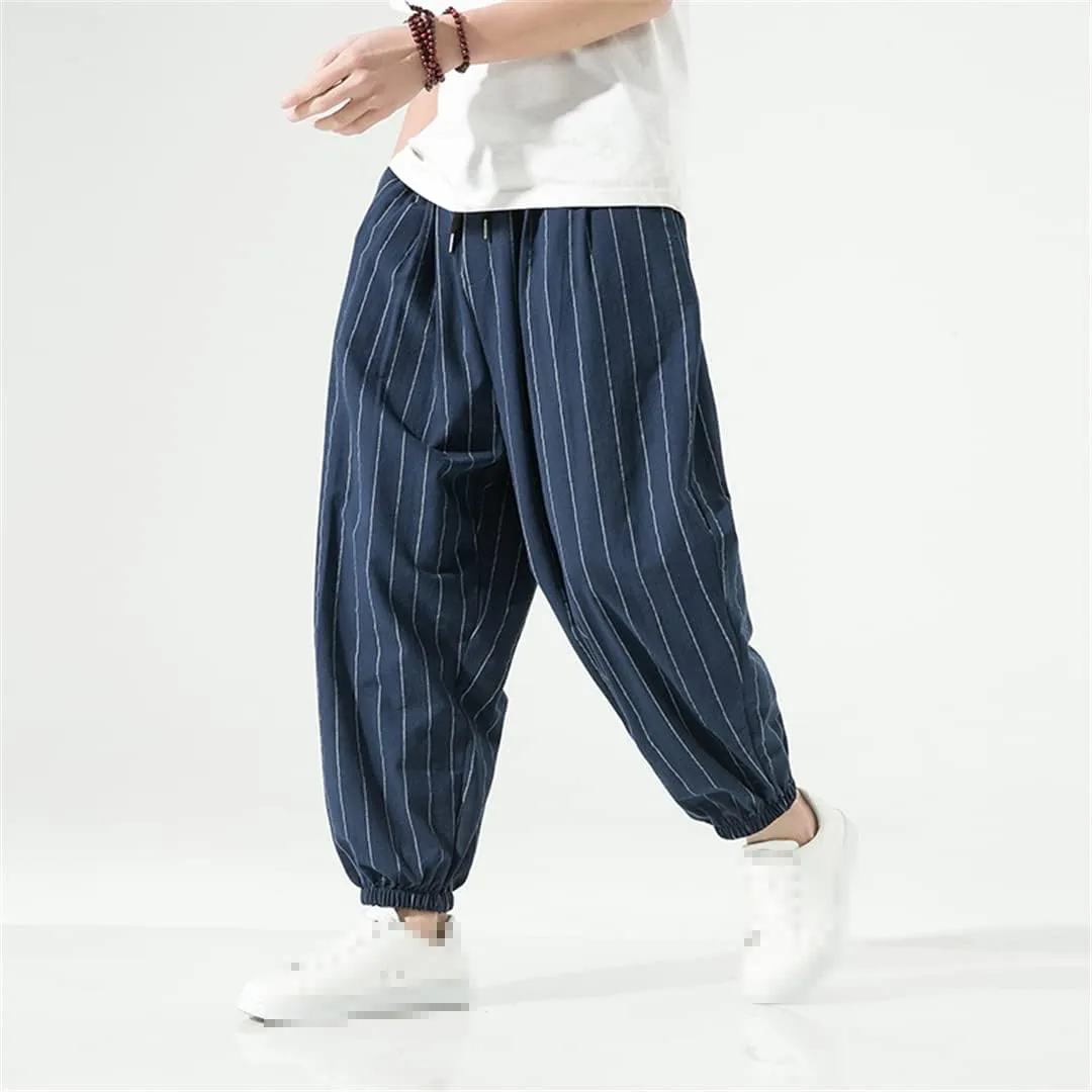 Casual Striped Harem Pants Men's Harajuku Turnip Pant Loose Cotton Linen Trousers Sweatpants