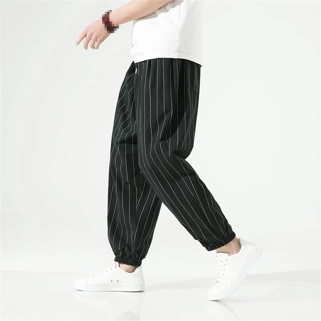 Casual Striped Harem Pants Men's Harajuku Turnip Pant Loose Cotton Linen Trousers Sweatpants