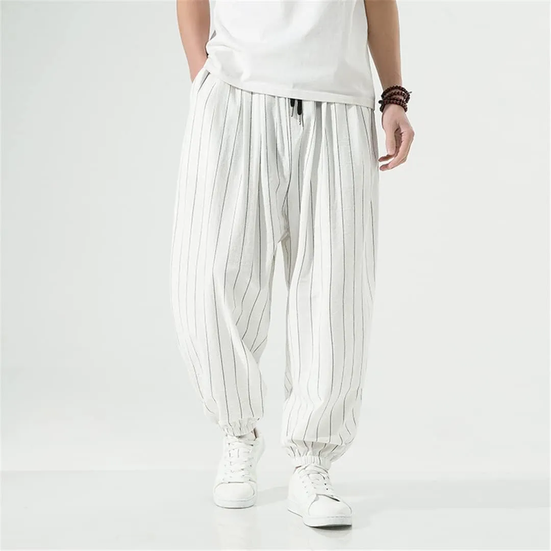 Casual Striped Harem Pants Men's Harajuku Turnip Pant Loose Cotton Linen Trousers Sweatpants