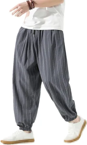 Casual Striped Harem Pants Men's Harajuku Turnip Pant Loose Cotton Linen Trousers Sweatpants