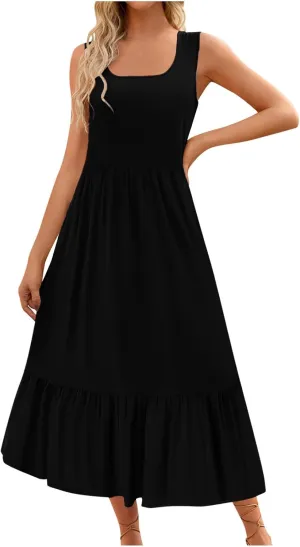 Ceboyel Women Casual Summer Dresses 2024 Flowy Pleated Maxi Dress Square Neck Sundresses Trendy Beach Vacation Clothes