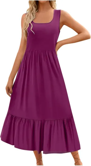 Ceboyel Women Casual Summer Dresses 2024 Flowy Pleated Maxi Dress Square Neck Sundresses Trendy Beach Vacation Clothes