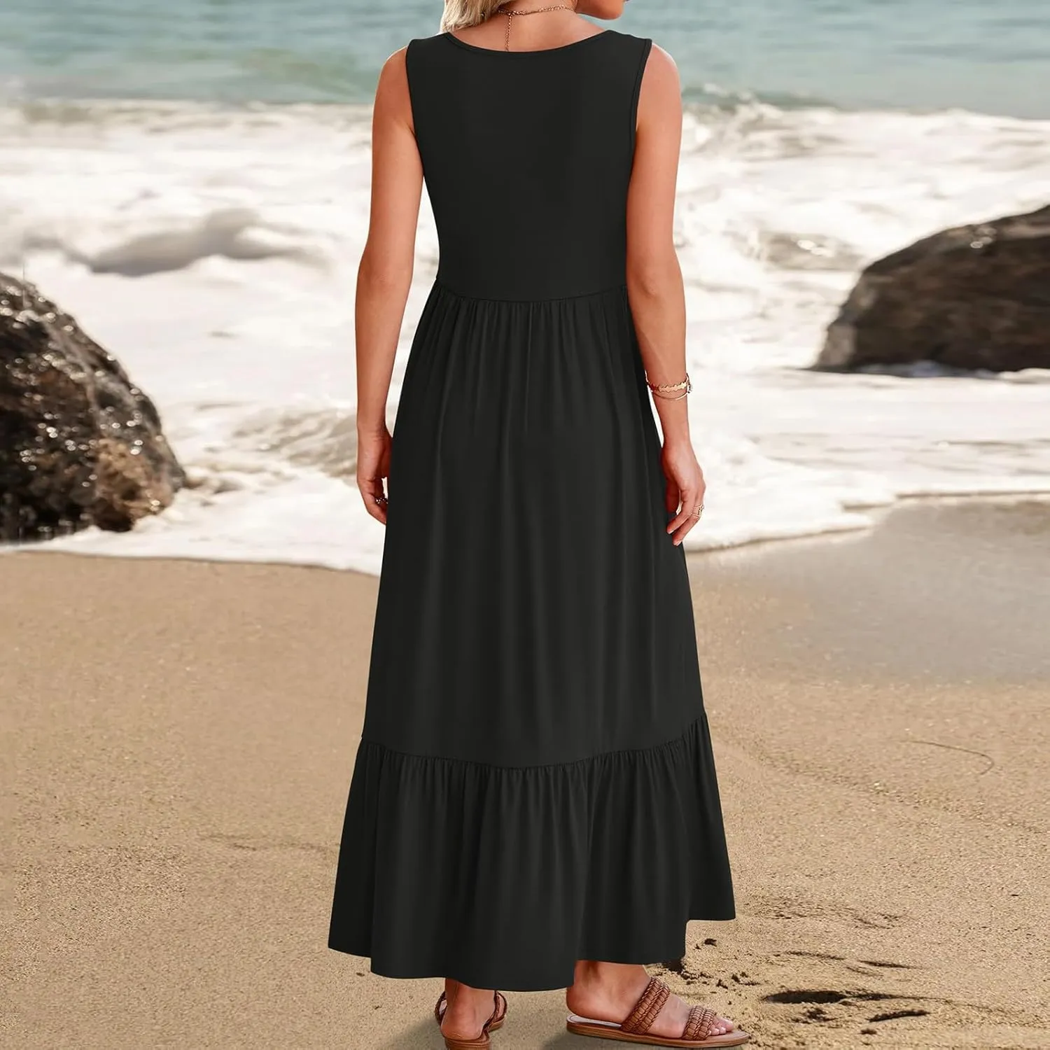 Ceboyel Women Casual Summer Dresses 2024 Flowy Pleated Maxi Dress Square Neck Sundresses Trendy Beach Vacation Clothes