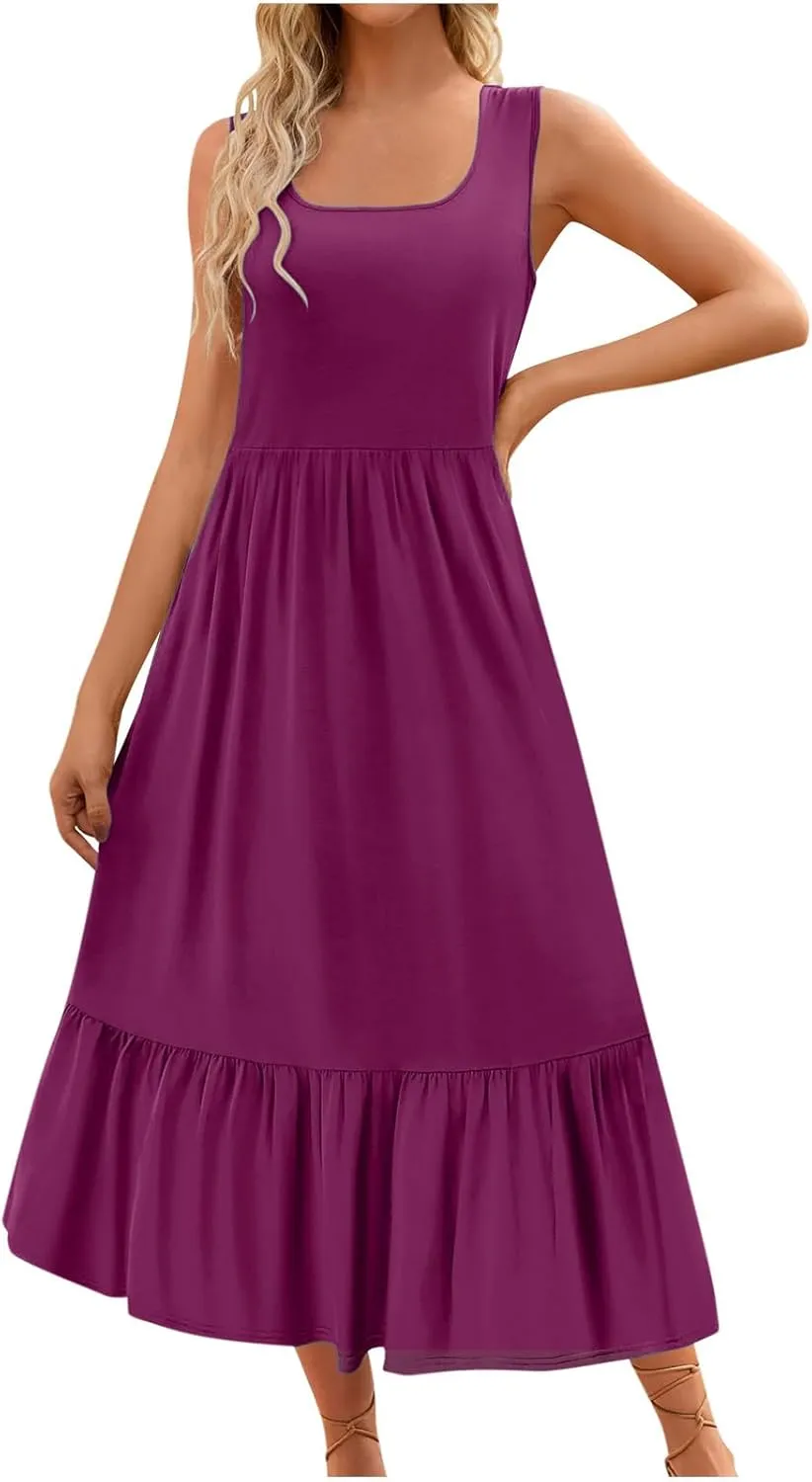 Ceboyel Women Casual Summer Dresses 2024 Flowy Pleated Maxi Dress Square Neck Sundresses Trendy Beach Vacation Clothes