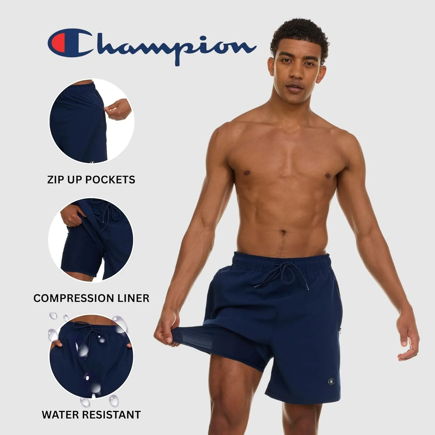 Champion Mens Swim Trunks with Compression Liner, 2 in 1 Mens Bathing Suit Shorts, 7 Inch Inseam Board Shorts for Swimming
