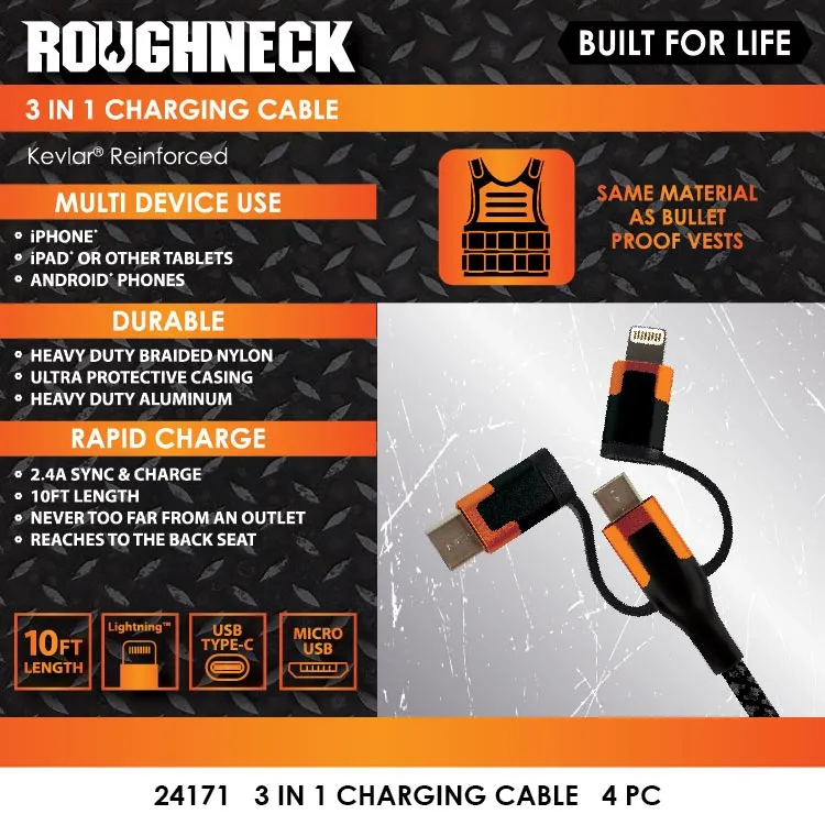 Charging Cable 3 in 1 Multi-Head USB to USB-C / Lightning / Micro USB 10FT 2.4 Amp - 4 Pieces Per Pack 24171