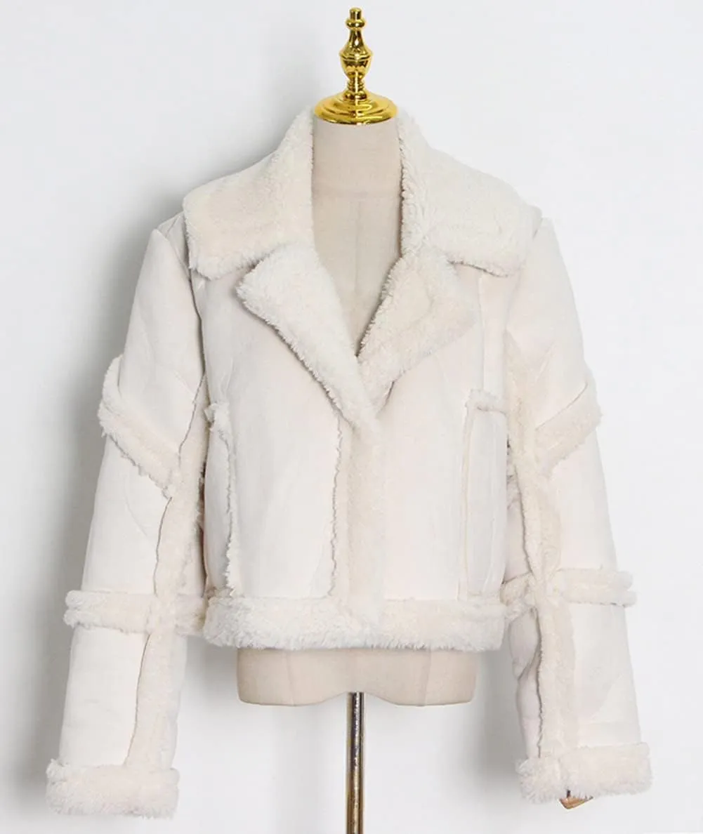 CHARTOU Women's Thicken Faux Suede Sherpa-Lined Patchwork Crop Moto Jacket Outwear