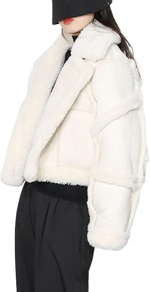 CHARTOU Women's Thicken Faux Suede Sherpa-Lined Patchwork Crop Moto Jacket Outwear