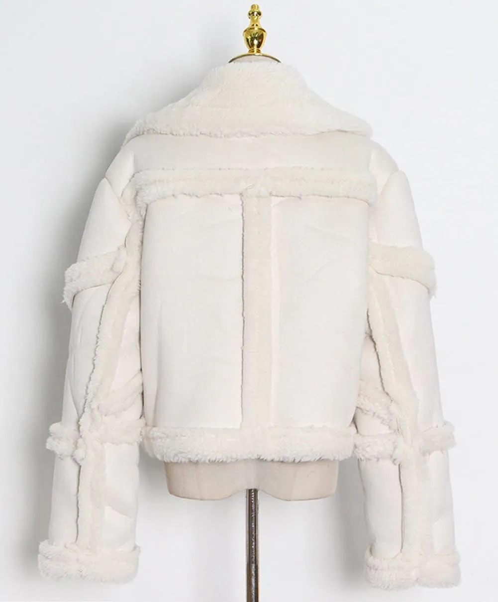 CHARTOU Women's Thicken Faux Suede Sherpa-Lined Patchwork Crop Moto Jacket Outwear
