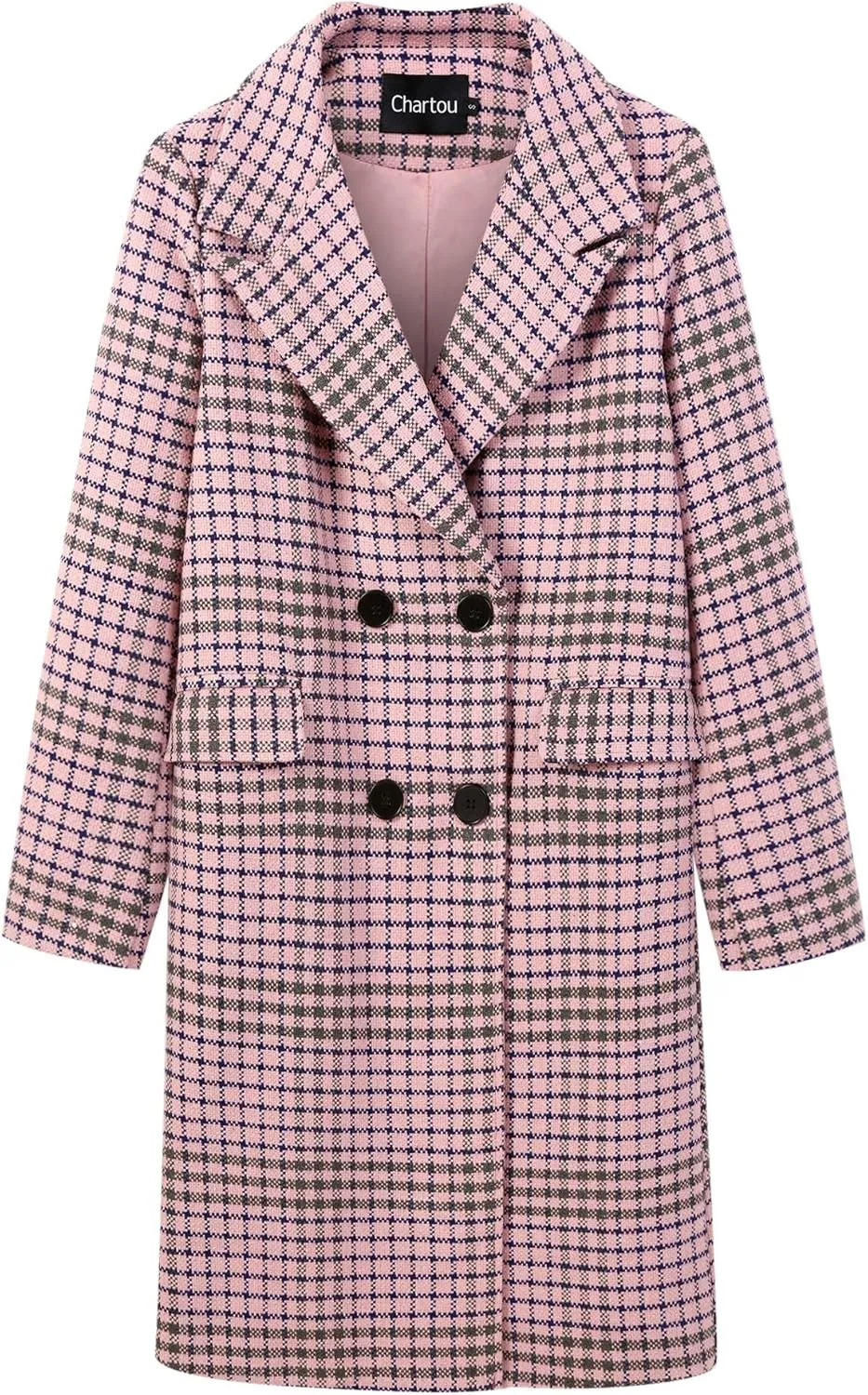 CHARTOU Women's Winter Oversize Lapel Collar Woolen Plaid Double Breasted Long Peacoat Jacket