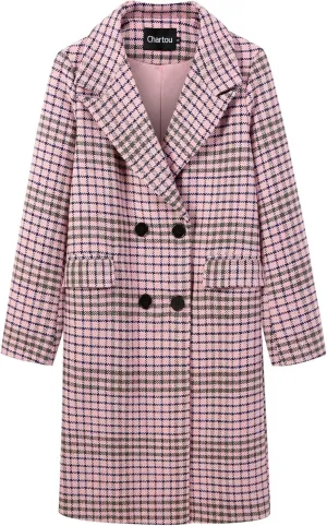 CHARTOU Women's Winter Oversize Lapel Collar Woolen Plaid Double Breasted Long Peacoat Jacket