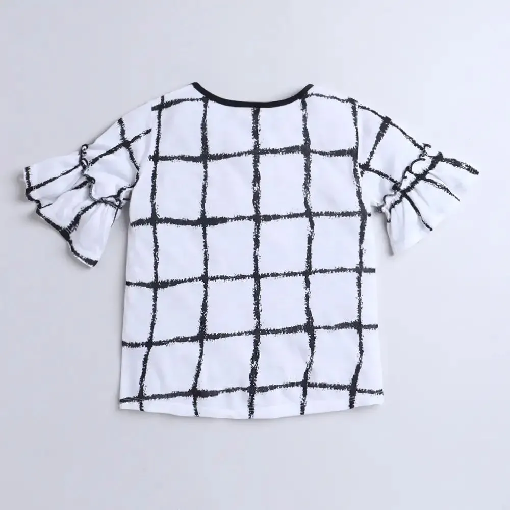 Checkered Sleeves Frill Top Leggings Set