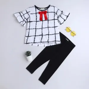 Checkered Sleeves Frill Top Leggings Set
